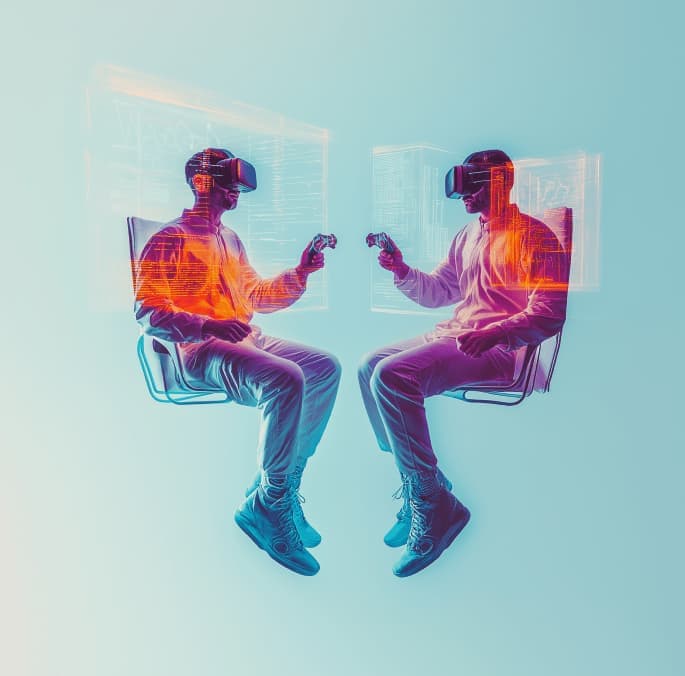 Two people playing with VR headsets and controllers